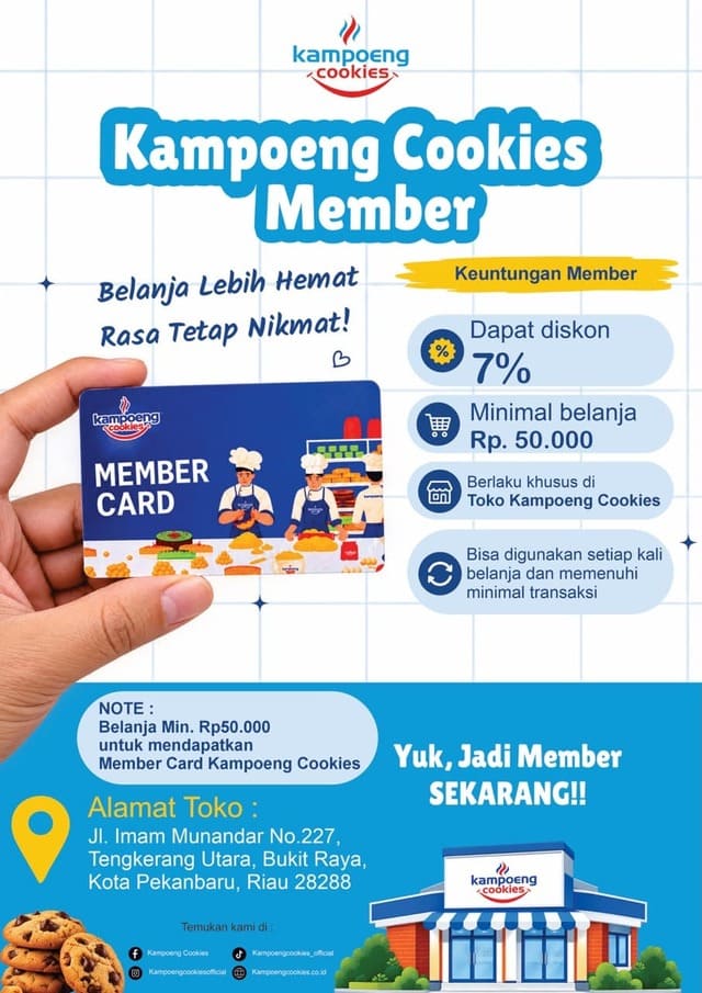 Program Member Kampoeng Cookies menawarkan diskon 7% dengan minimal belanja Rp50.000, memberikan keuntungan konsisten bagi pelanggan setia.